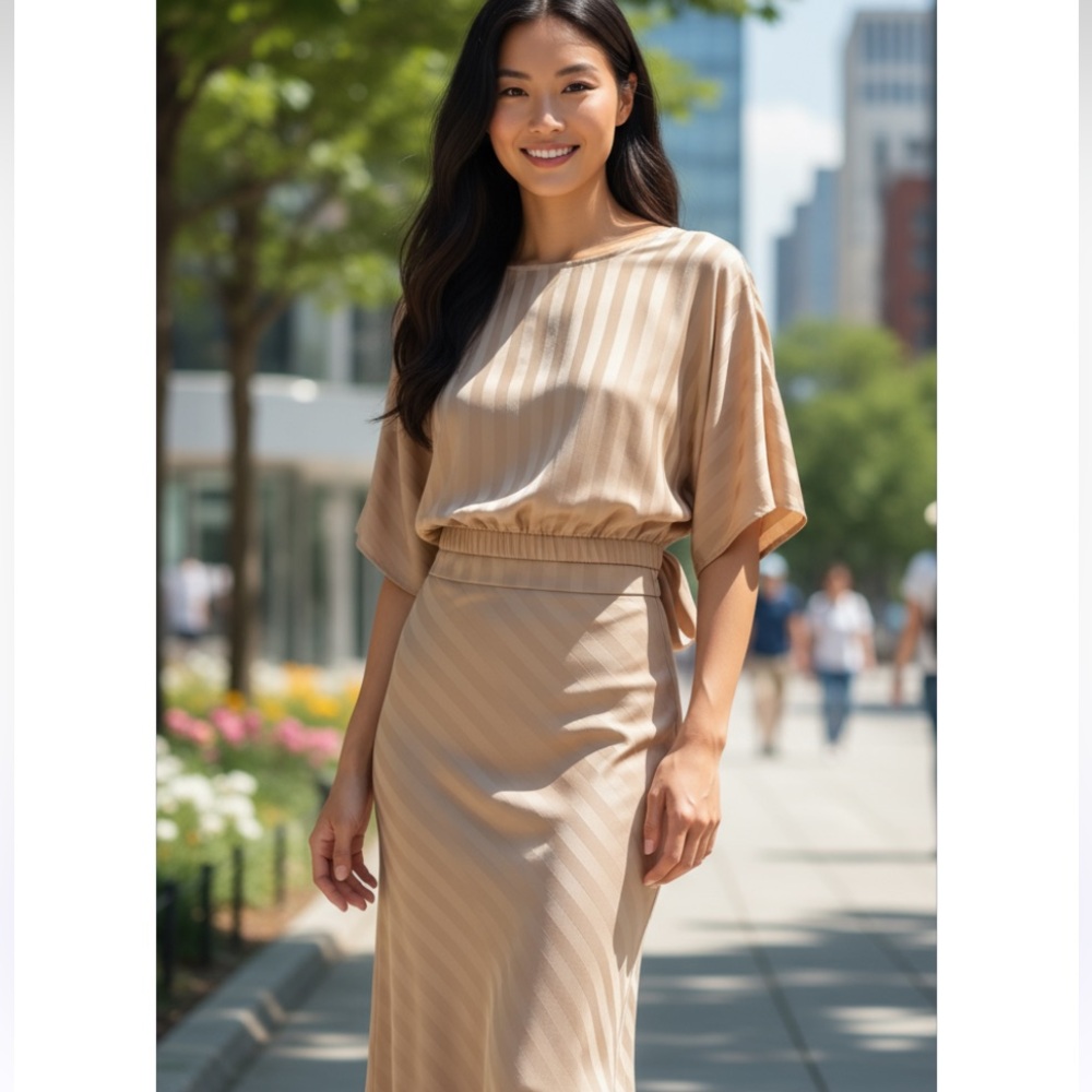 Elegant Tan Midi Skirt Set With Crop Blouse